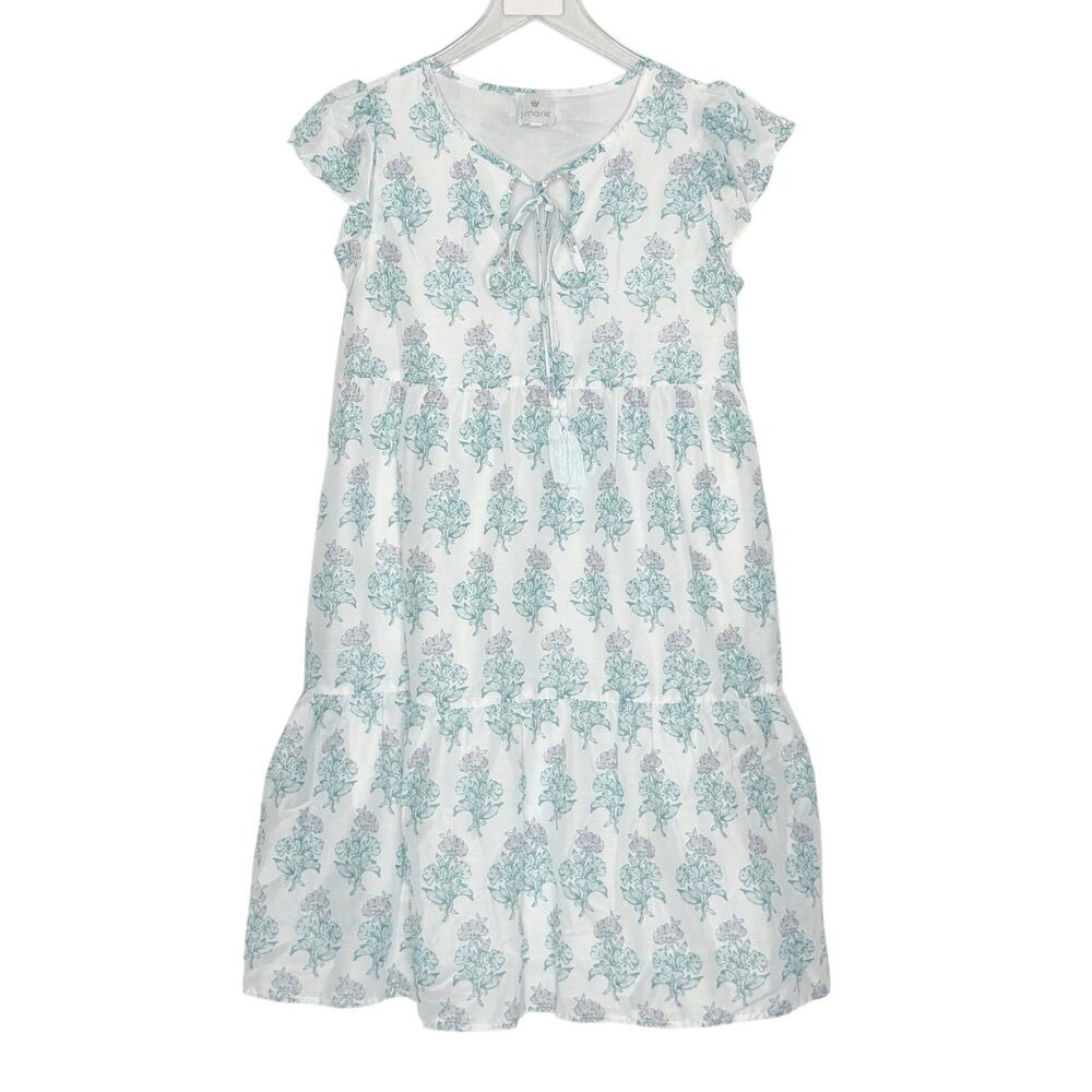 J Marie S Womens Green Blue Cecilia Ruffle Dress Short Sleeve Floral Coquette